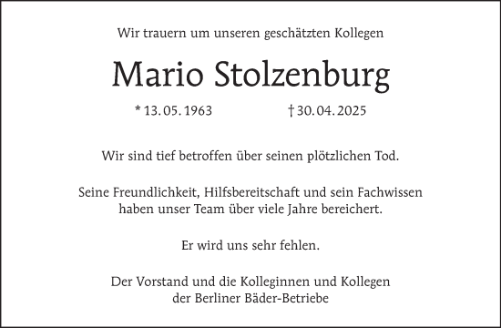 Traueranzeige von Mario Stolzenburg von Tagesspiegel