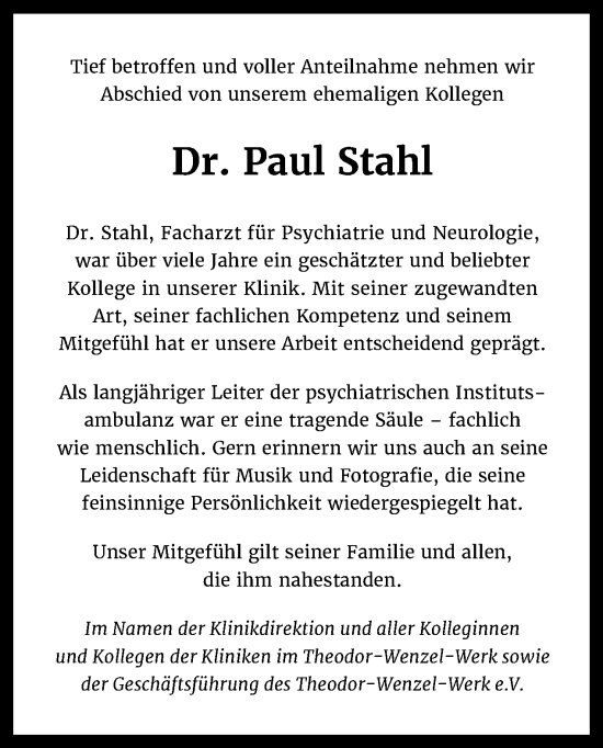 Traueranzeige von Paul Stahl von Tagesspiegel