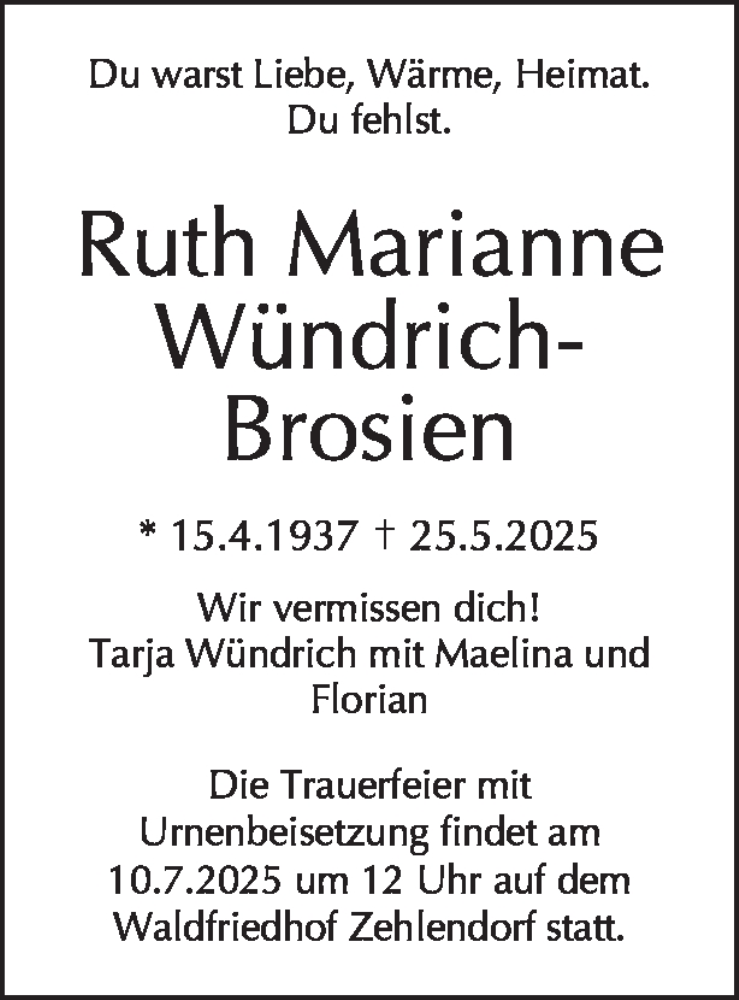  Traueranzeige für Ruth Marianne Wündrich-Brosien vom 21.06.2025 aus Tagesspiegel