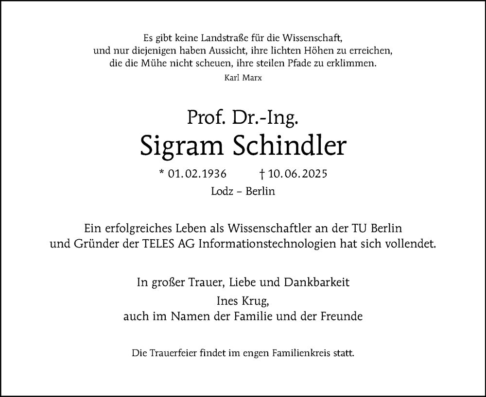  Traueranzeige für Sigram Schindler vom 21.06.2025 aus Tagesspiegel