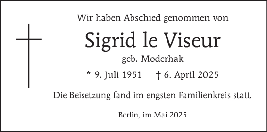 Traueranzeige von Sigrid le Viseur von Tagesspiegel