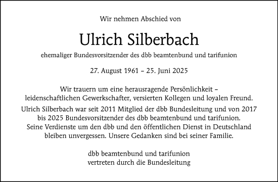 Traueranzeige von Ulrich Silberbach von Tagesspiegel