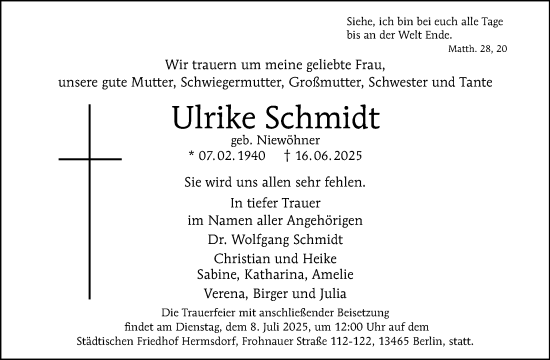 Traueranzeige von Ulrike Schmidt von Tagesspiegel