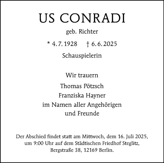 Traueranzeige von Us Conradi von Tagesspiegel
