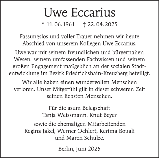 Traueranzeige von Uwe Eccarius von Tagesspiegel