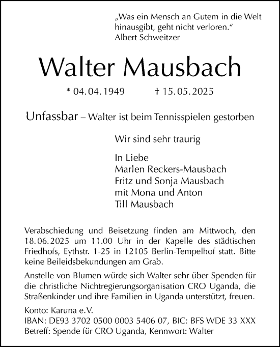Traueranzeige von Walter Mausbach von Tagesspiegel