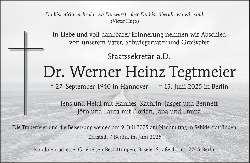  Traueranzeige für Werner Heinz Tegtmeier vom 21.06.2025 aus Tagesspiegel