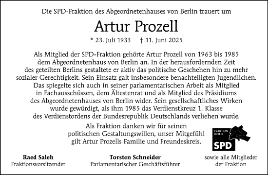 Traueranzeige von Artur Prozell von Tagesspiegel