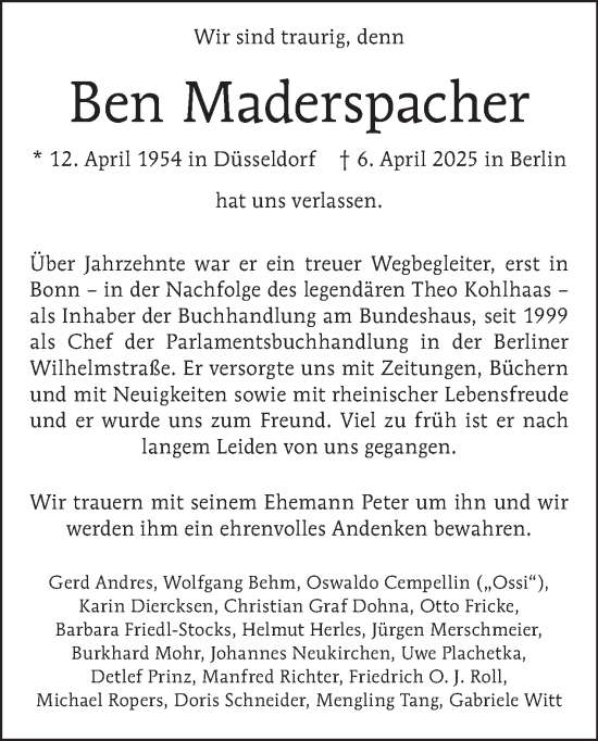 Traueranzeige von Ben Maderspacher von Tagesspiegel