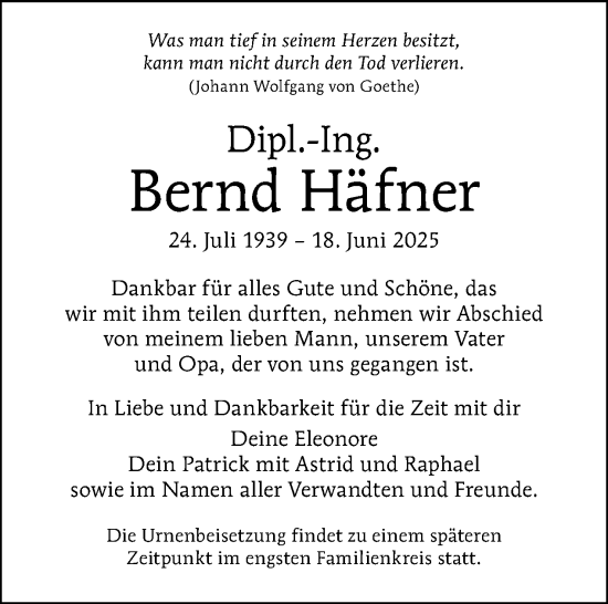 Traueranzeige von Bernd Häfner von Tagesspiegel