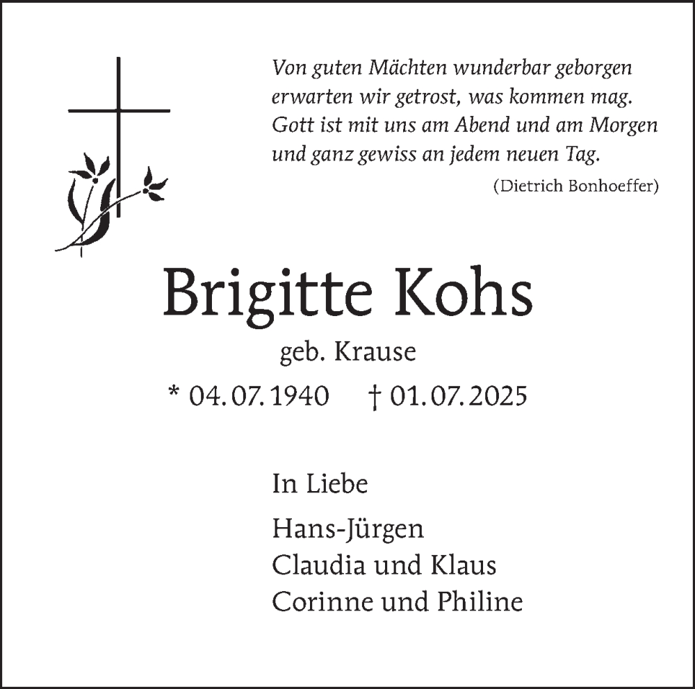  Traueranzeige für Brigitte Kohs vom 12.07.2025 aus Tagesspiegel