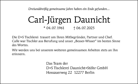 Traueranzeige von Carl-Jürgen Daunicht von Tagesspiegel
