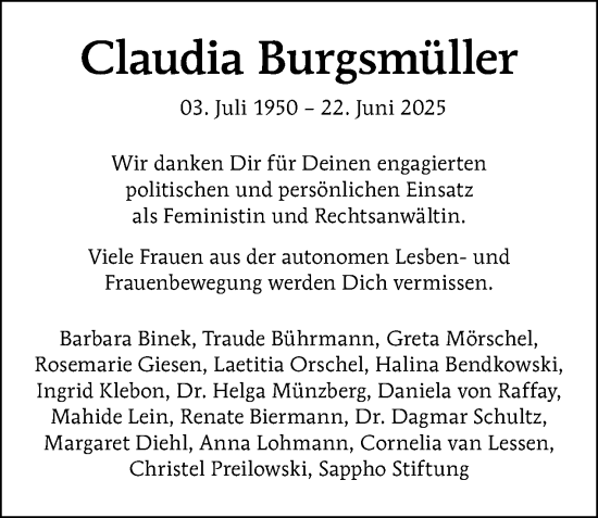 Traueranzeige von Claudia Burgsmüller von Tagesspiegel