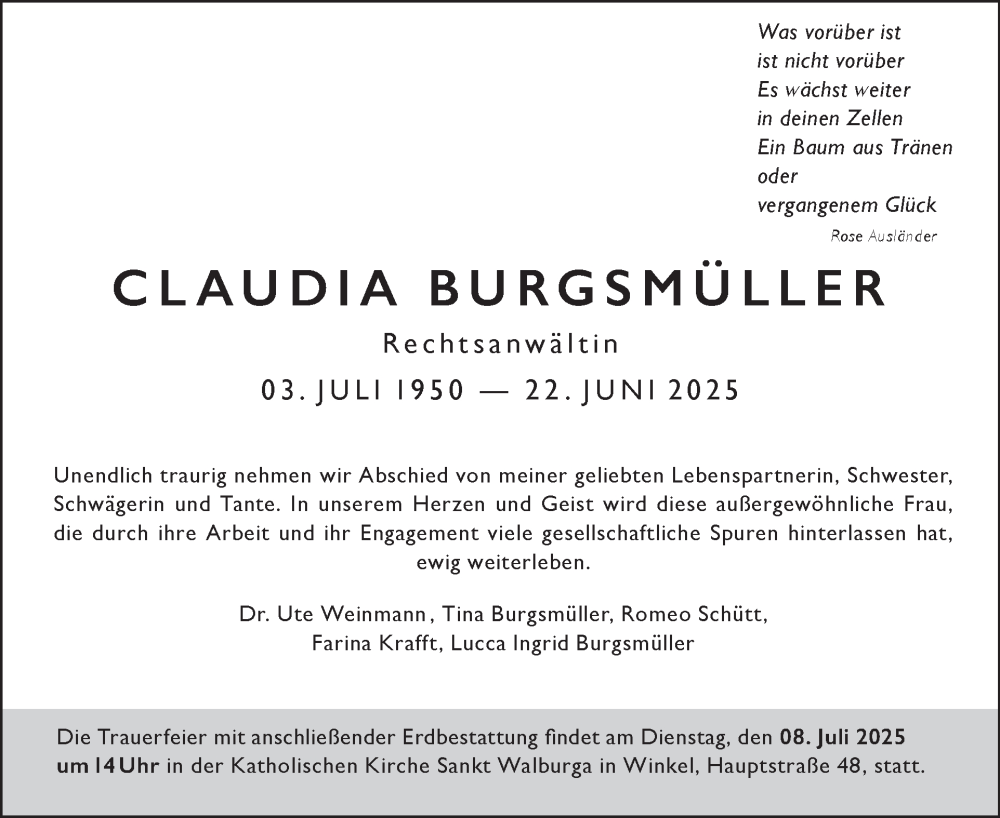  Traueranzeige für Claudia Burgsmüller vom 05.07.2025 aus Tagesspiegel