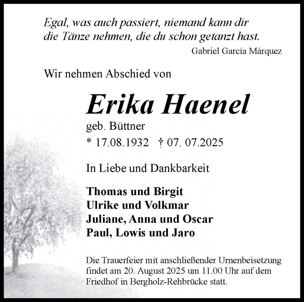 Traueranzeige für Erika Haenel vom 12.07.2025 aus Tagesspiegel