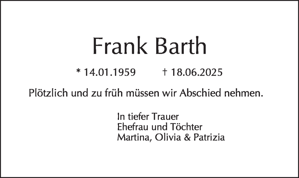  Traueranzeige für Frank Barth vom 12.07.2025 aus Tagesspiegel