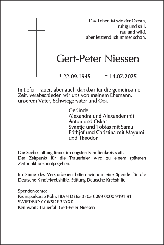 Traueranzeige von Gert-Peter Niessen von Tagesspiegel