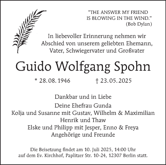 Traueranzeige von Guido Wolfgang Spohn von Tagesspiegel