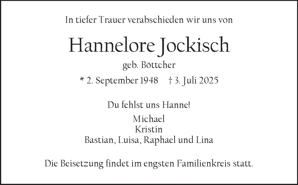  Traueranzeige für Hannelore Jockisch vom 12.07.2025 aus Tagesspiegel