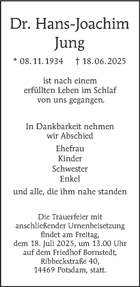  Traueranzeige für Hans-Joachim Jung vom 12.07.2025 aus Tagesspiegel