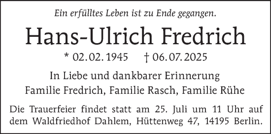 Traueranzeige von Hans-Ulrich Fredrich von Tagesspiegel