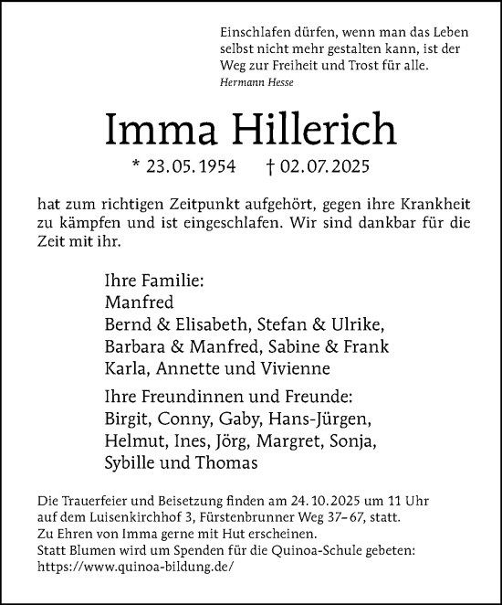 Traueranzeige von Imma Hillerich von Tagesspiegel
