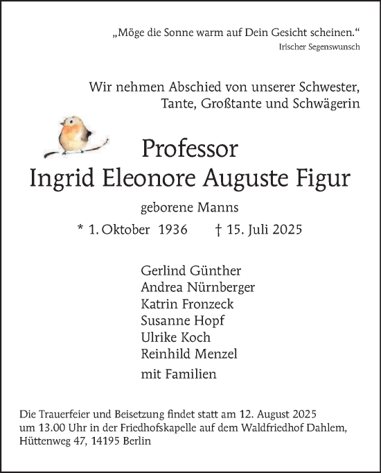 Traueranzeige von Ingrid Eleonore Auguste Figur von Tagesspiegel