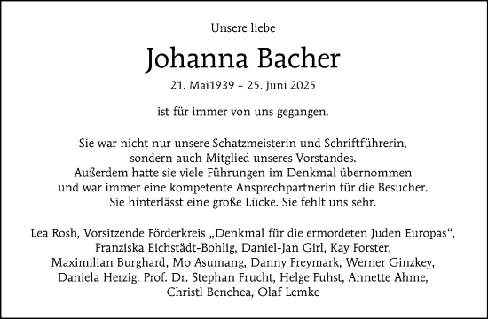 Traueranzeige von Johanna Bacher von Tagesspiegel