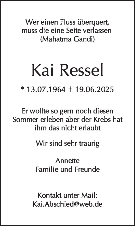 Traueranzeige von Kai Ressel von Tagesspiegel
