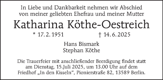 Traueranzeige von Katharina Köthe-Oestreich von Tagesspiegel