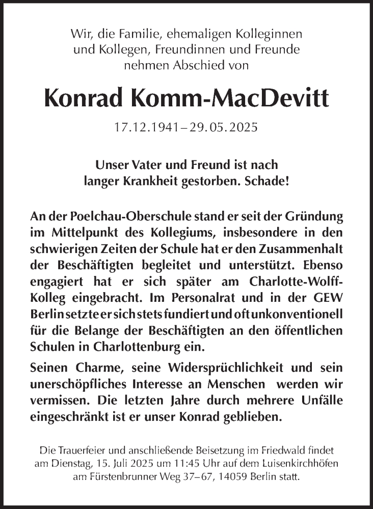  Traueranzeige für Konrad Komm-MacDevitt vom 05.07.2025 aus Tagesspiegel