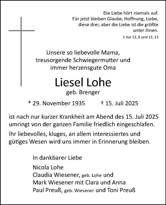 Traueranzeige von Liesel Lohe von Tagesspiegel