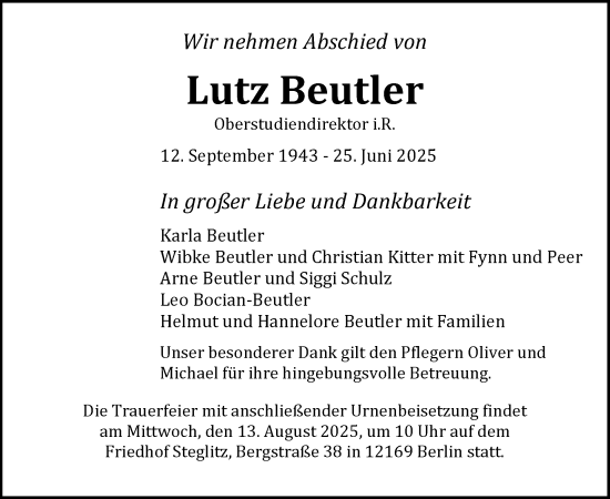 Traueranzeige von Lutz Beutler von Tagesspiegel
