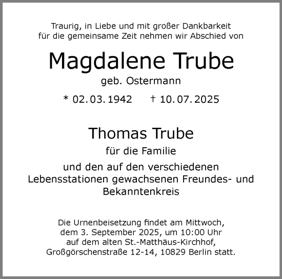 Traueranzeige von Magdalene Trube von Tagesspiegel