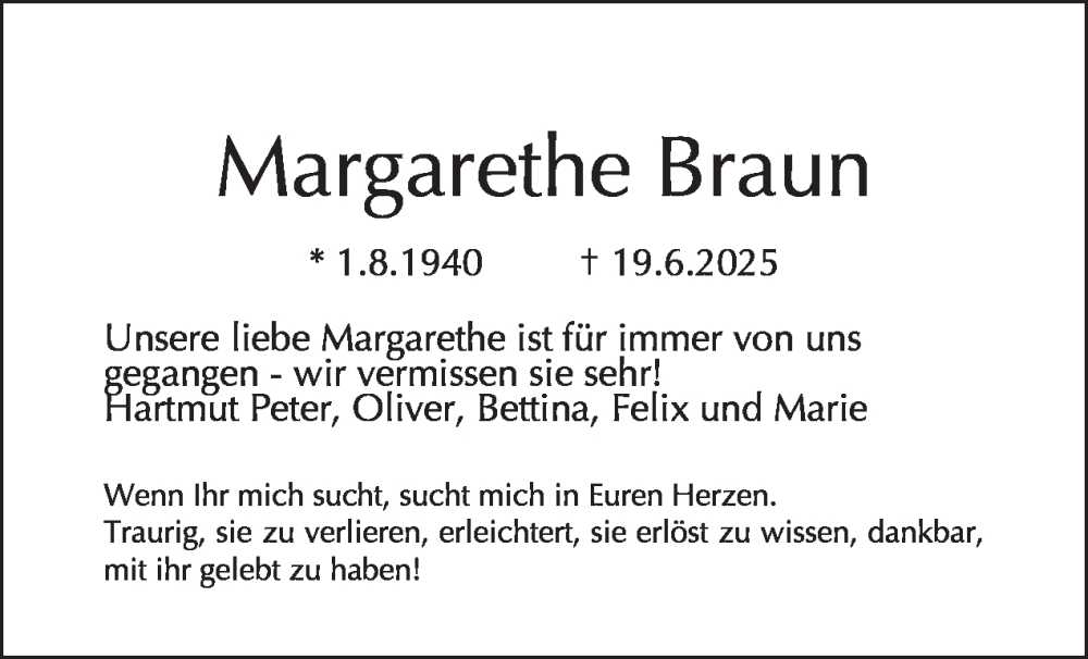  Traueranzeige für Margarethe Braun vom 05.07.2025 aus Tagesspiegel