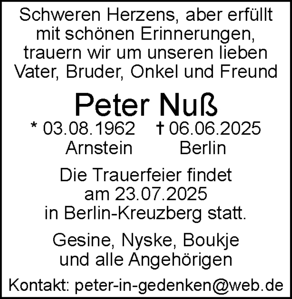  Traueranzeige für Peter Nuß vom 12.07.2025 aus Tagesspiegel