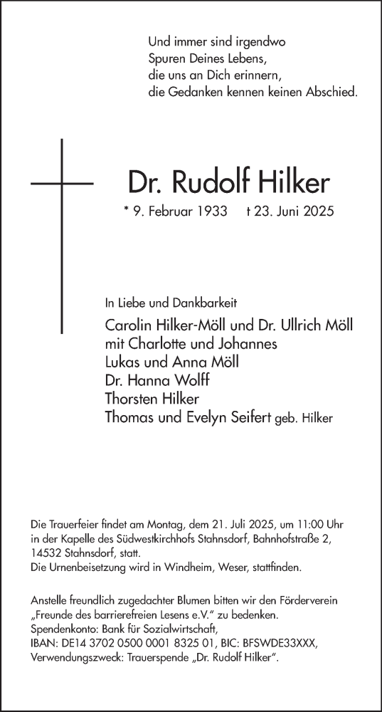 Traueranzeige von Rudolf Hilker von Tagesspiegel