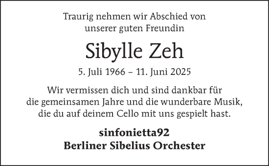 Traueranzeige von Sibylle Zeh von Tagesspiegel
