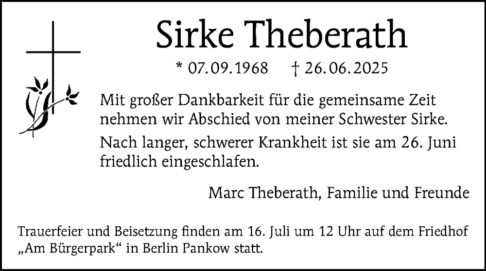  Traueranzeige für Sirke Theberath vom 12.07.2025 aus Tagesspiegel