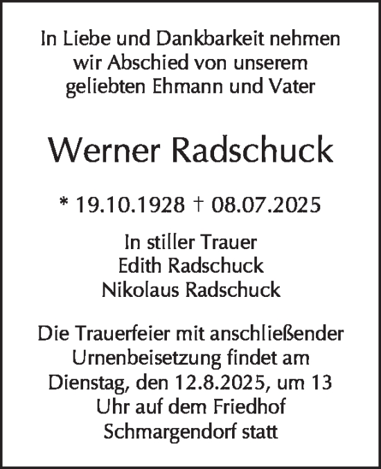 Traueranzeige von Werner Radschuck von Tagesspiegel