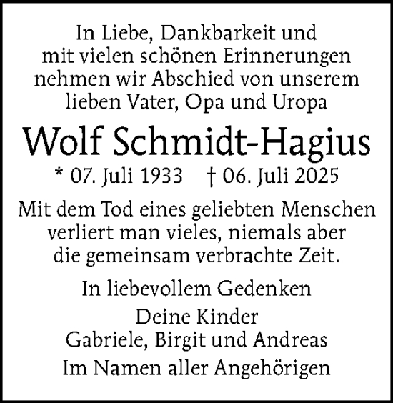 Traueranzeige von Wolf Schmidt-Hagius von Tagesspiegel