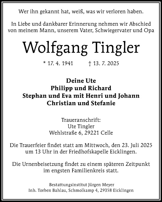 Traueranzeige von Wolfgang Tingler von Tagesspiegel