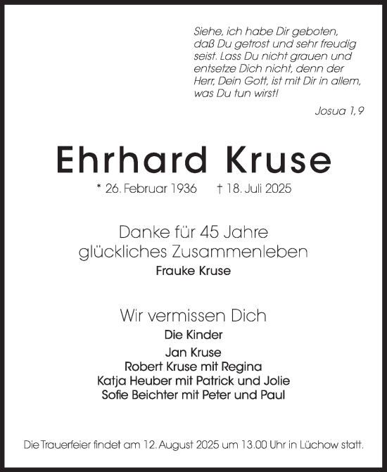 Traueranzeige von Ehrhard Kruse von Tagesspiegel
