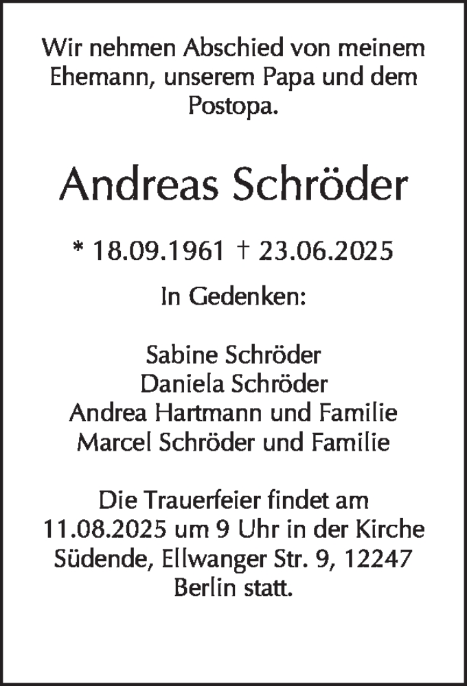  Traueranzeige für Andreas Schröder vom 02.08.2025 aus Tagesspiegel