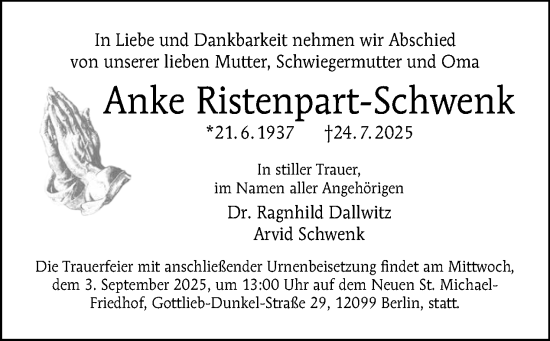 Traueranzeige von Anke Ristenpart-Schwenk von Tagesspiegel