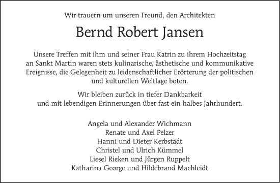 Traueranzeige von Bernd Robert Jansen von Tagesspiegel