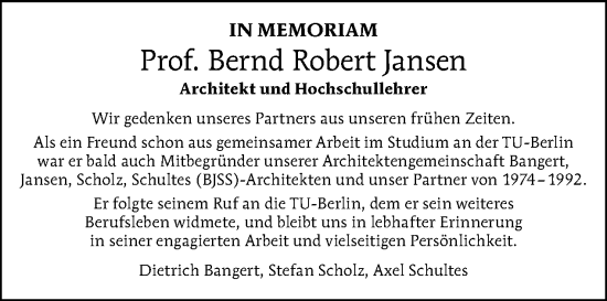 Traueranzeige von Bernd Robert Jansen von Tagesspiegel