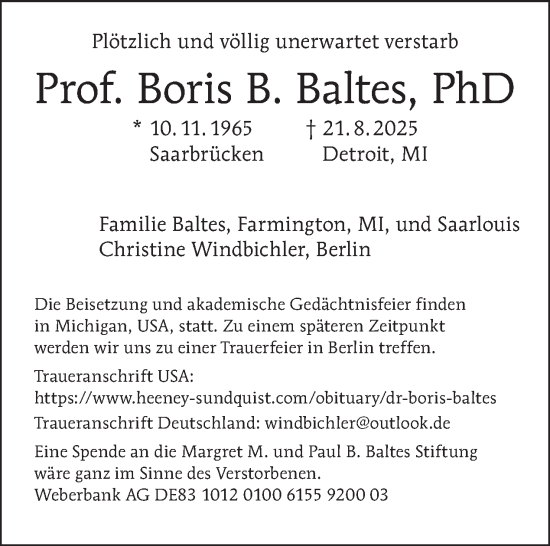 Traueranzeige von Boris B. Baltes von Tagesspiegel