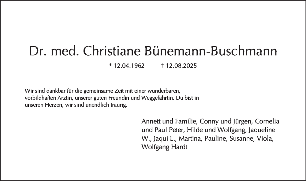 Traueranzeige für Christiane Bünemann-Buschmann vom 23.08.2025 aus Tagesspiegel