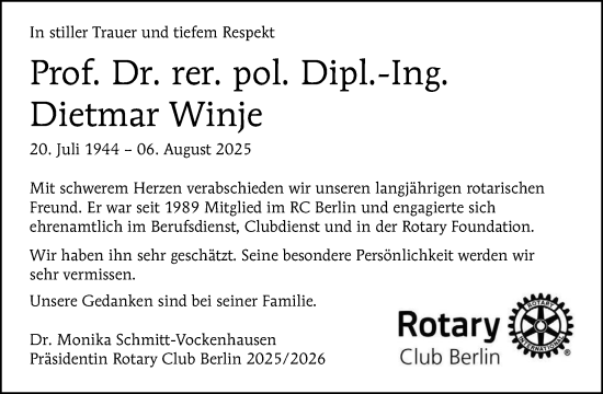 Traueranzeige von Dietmar Winje von Tagesspiegel